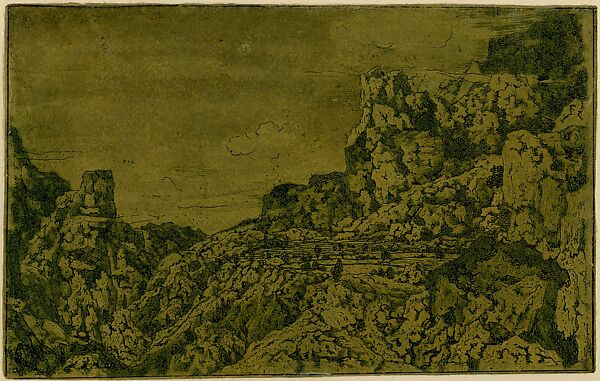Mountain Valley with a Plateau, Hercules Segers (Dutch, ca. 1590–ca. 1638), Line etching, drypoint and metal punch printed in green, on a yellow ground, colored with brush; second state of two 