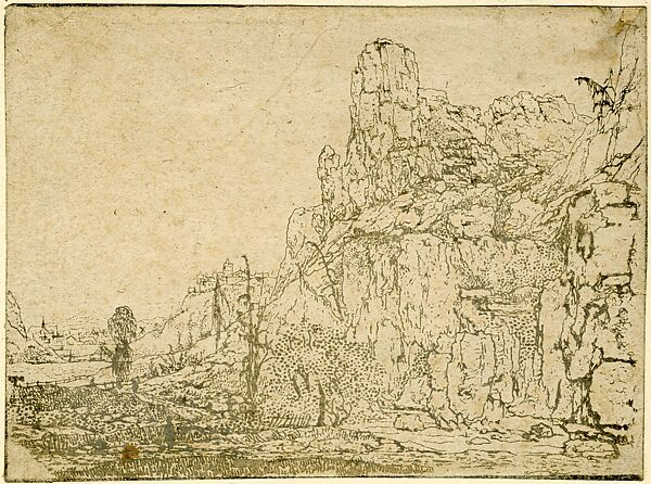 Landscape with a Steep Cliff and a Stream, Small Version, Hercules Segers (Dutch, ca. 1590–ca. 1638), Lift-ground etching printed in light gray; first state of two 