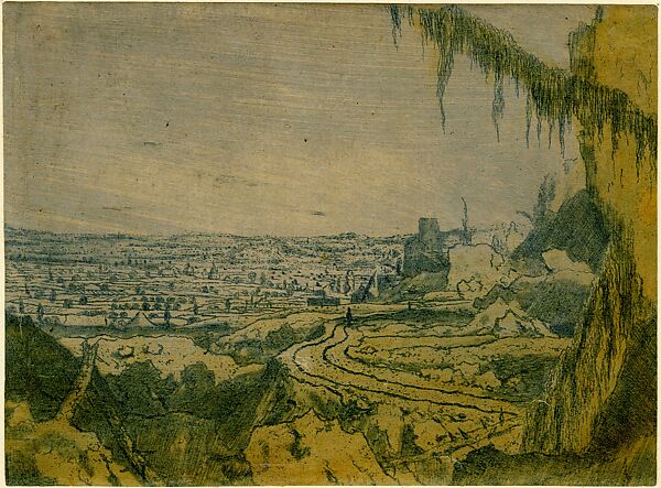 Distant View with a Road and Mossy Branches, Hercules Segers (Dutch, ca. 1590–ca. 1638), Line etching and drypoint printed in blue, on a purple-gray ground, colored with brush; second state of three 