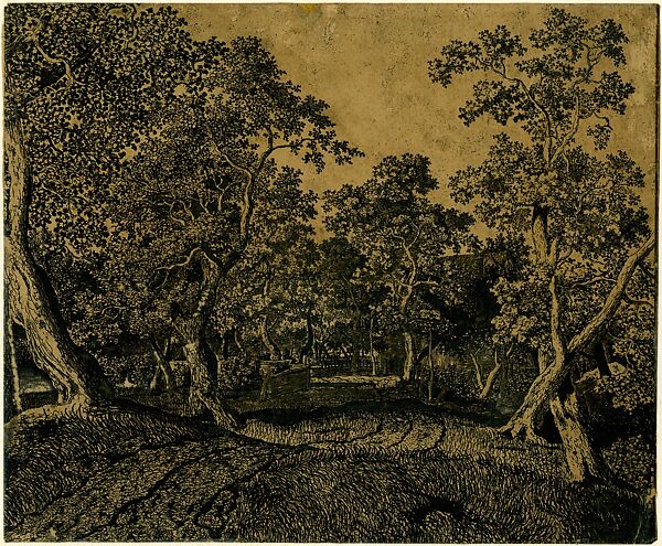 Road near a Farmhouse Surrounded by Trees and a Fence, Hercules Segers (Dutch, ca. 1590–ca. 1638), Line etching and drypoint printed in black on a gray-yellow ground; unique impression 