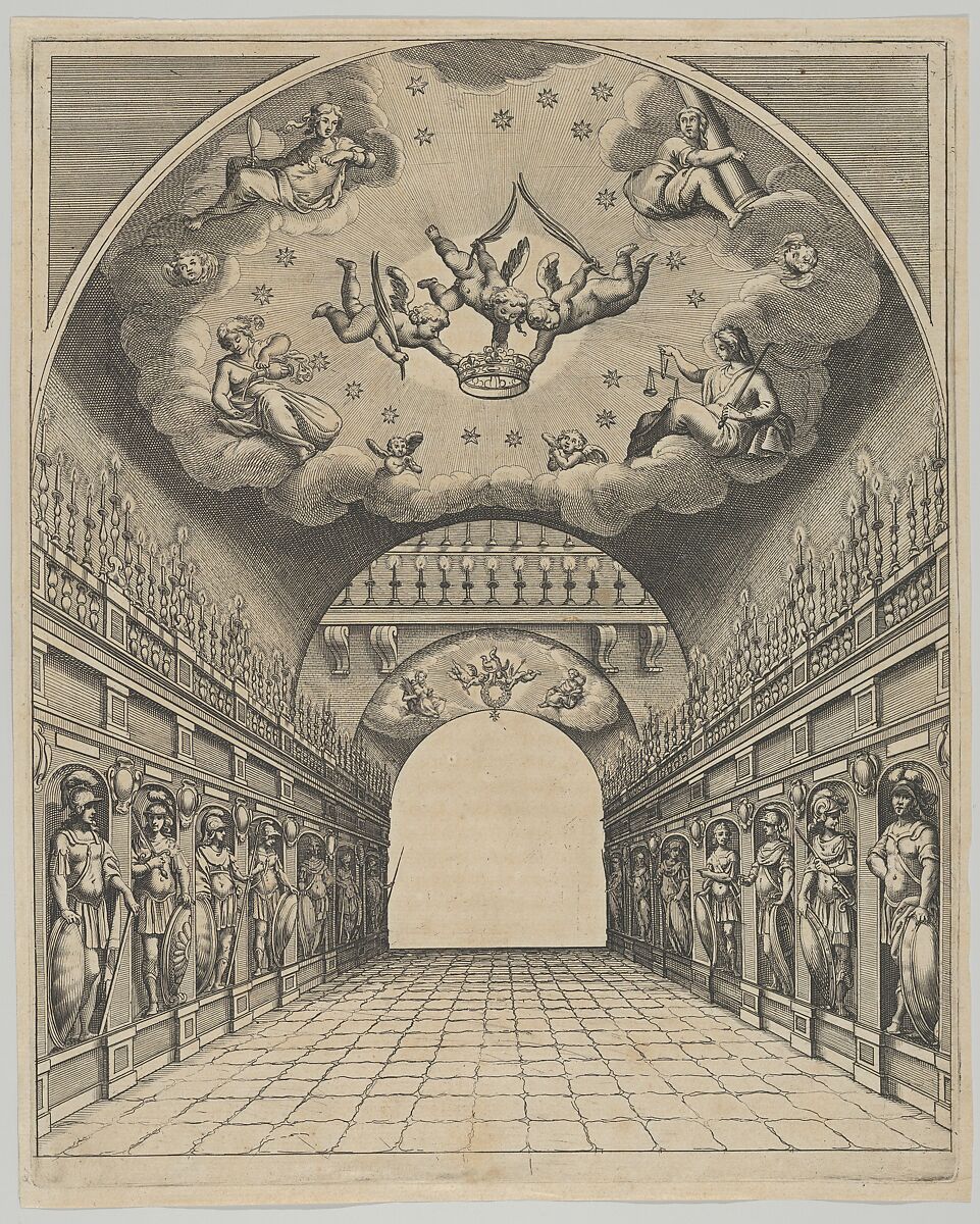 Great hall, from 'Éloges et discours sur la triomphante réception du Roy en sa ville de Paris ...' by Jean-Baptiste de Machault, Melchior Tavernier (French (born Flanders), Antwerp 1564–1641 Paris), Etching 