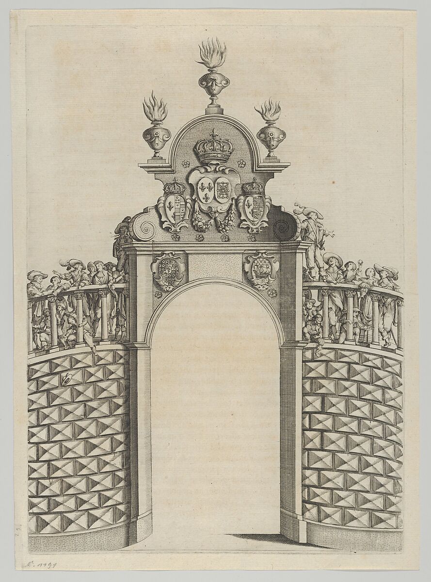 Triumphal arch, from 'Éloges et discours sur la triomphante réception du Roy en sa ville de Paris ...' by Jean-Baptiste de Machault, Melchior Tavernier (French (born Flanders), Antwerp 1564–1641 Paris), Etching 