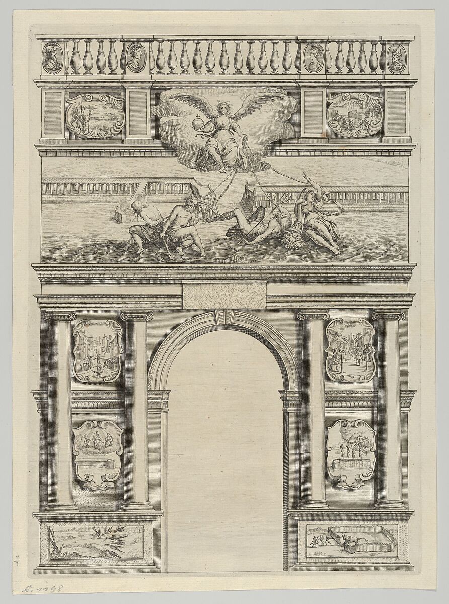 Triumphal arch, from 'Éloges et discours sur la triomphante réception du Roy en sa ville de Paris ...' by Jean-Baptiste de Machault, Melchior Tavernier (French (born Flanders), Antwerp 1564–1641 Paris), Etching 