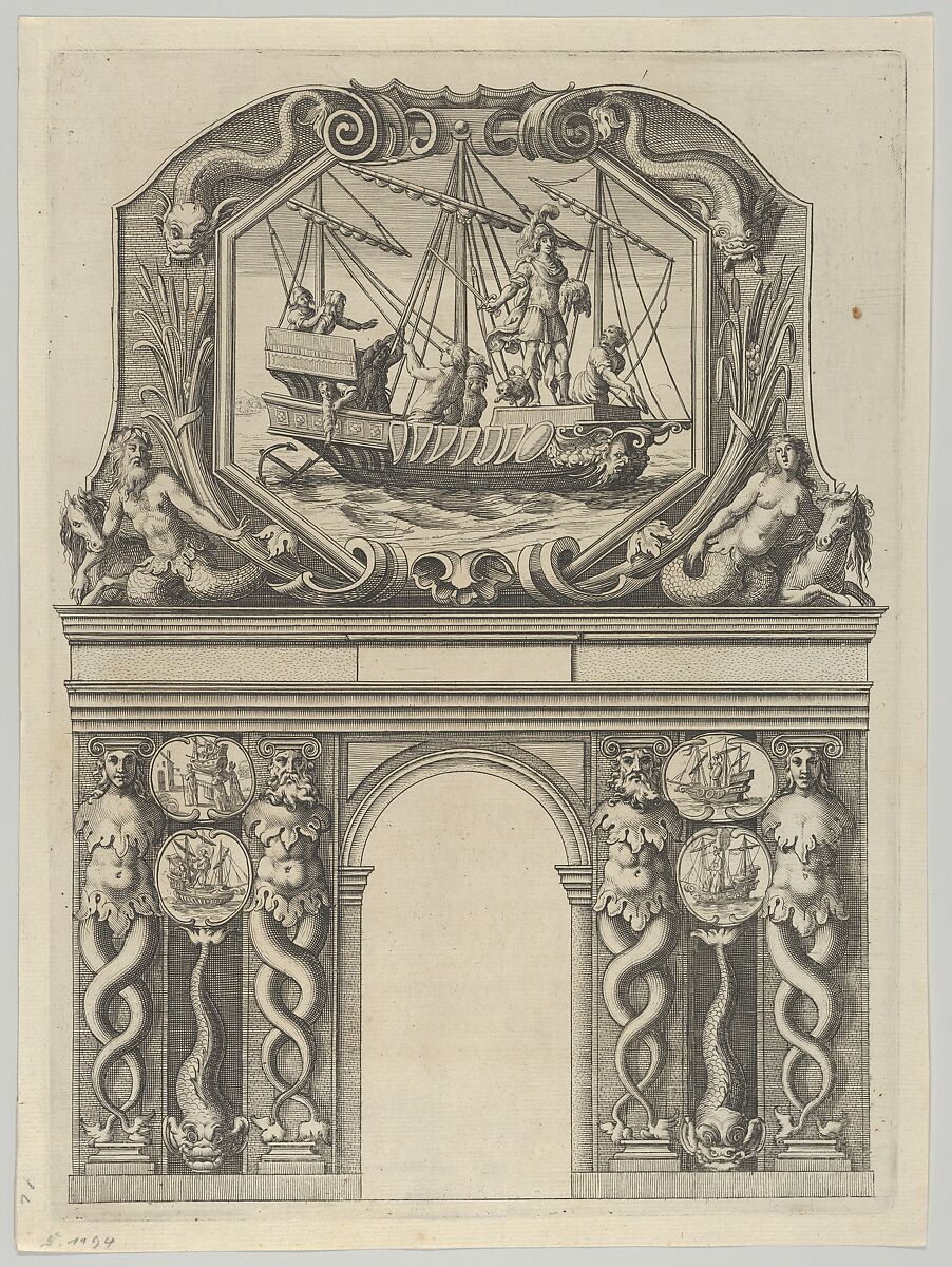 Triumphal arch, from 'Éloges et discours sur la triomphante réception du Roy en sa ville de Paris ...' by Jean-Baptiste de Machault, Melchior Tavernier (French (born Flanders), Antwerp 1564–1641 Paris), Etching 