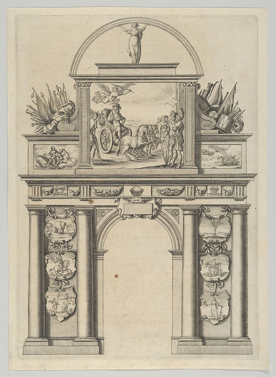 Triumphal arch, from 'Éloges et discours sur la triomphante réception du Roy en sa ville de Paris ...' by Jean-Baptiste de Machault, Melchior Tavernier (French (born Flanders), Antwerp 1564–1641 Paris), Etching 