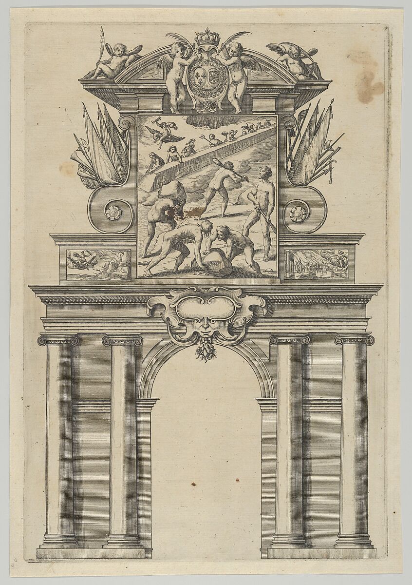 Triumphal arch, from 'Éloges et discours sur la triomphante réception du Roy en sa ville de Paris ...' by Jean-Baptiste de Machault, Melchior Tavernier (French (born Flanders), Antwerp 1564–1641 Paris), Etching 