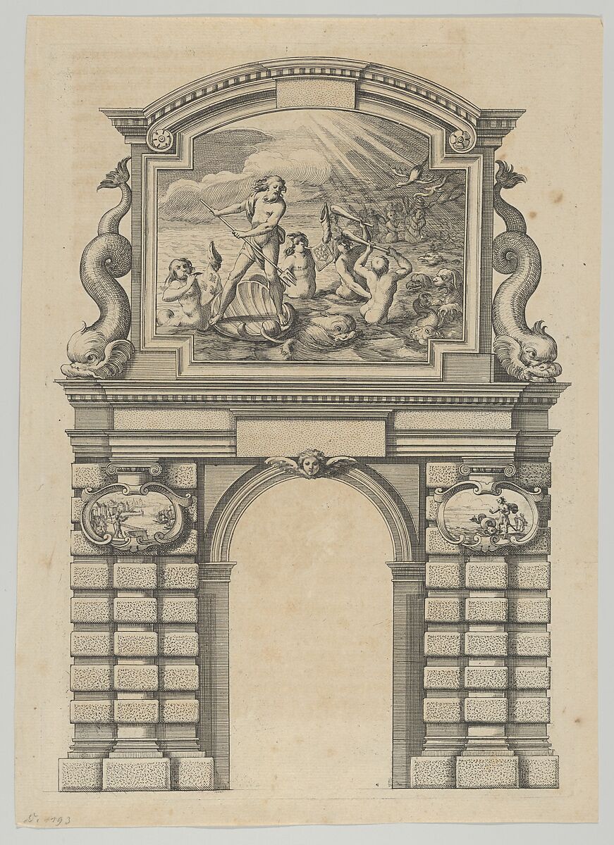 Triumphal arch, from 'Éloges et discours sur la triomphante réception du Roy en sa ville de Paris ...' by Jean-Baptiste de Machault, Melchior Tavernier (French (born Flanders), Antwerp 1564–1641 Paris), Etching 