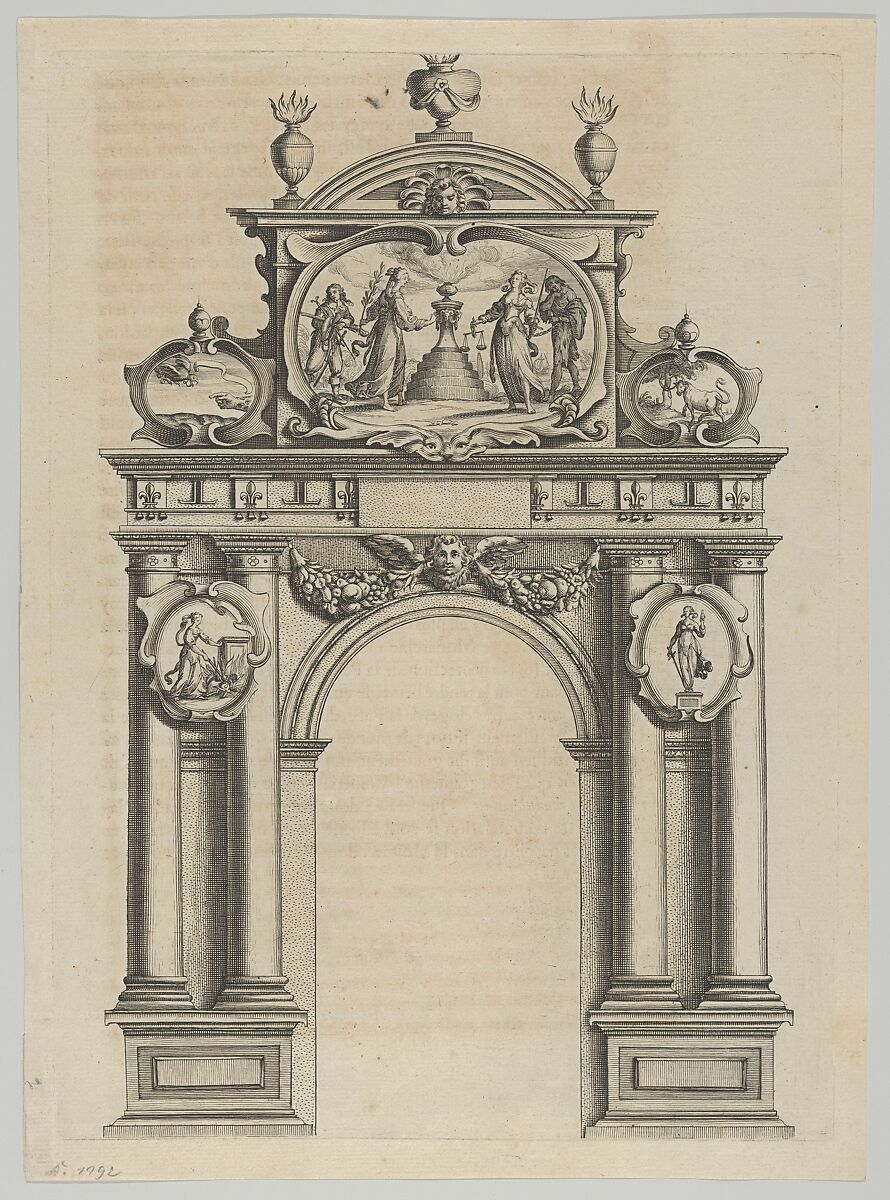 Triumphal arch, from 'Éloges et discours sur la triomphante réception du Roy en sa ville de Paris ...' by Jean-Baptiste de Machault, Melchior Tavernier (French (born Flanders), Antwerp 1564–1641 Paris), Etching 