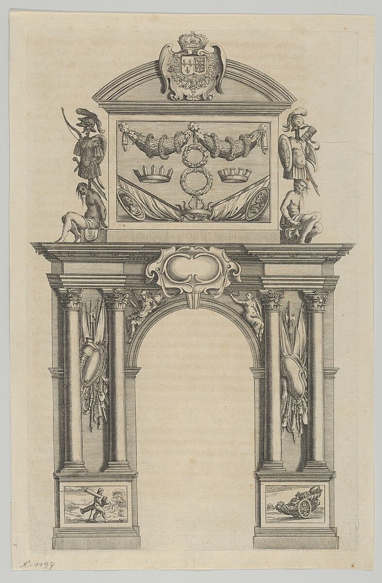 Triumphal arch, from 'Éloges et discours sur la triomphante réception du Roy en sa ville de Paris ...' by Jean-Baptiste de Machault, Melchior Tavernier (French (born Flanders), Antwerp 1564–1641 Paris), Etching 