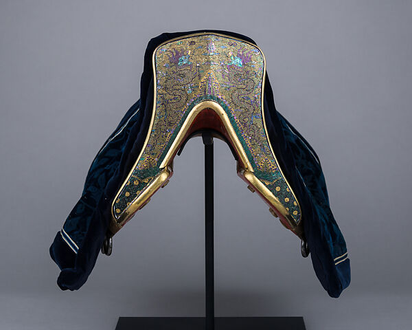 Ceremonial Saddle, Lacquer, abalone shell, gold foil, copper alloy, wood, iron, tin, leather, textile (silk), Chinese