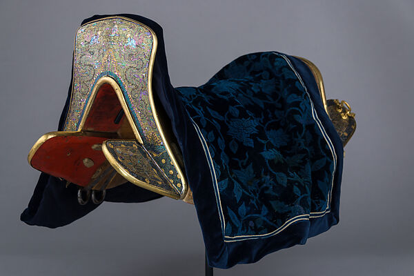 Ceremonial Saddle, Lacquer, abalone shell, gold foil, copper alloy, wood, iron, tin, leather, textile (silk), Chinese 