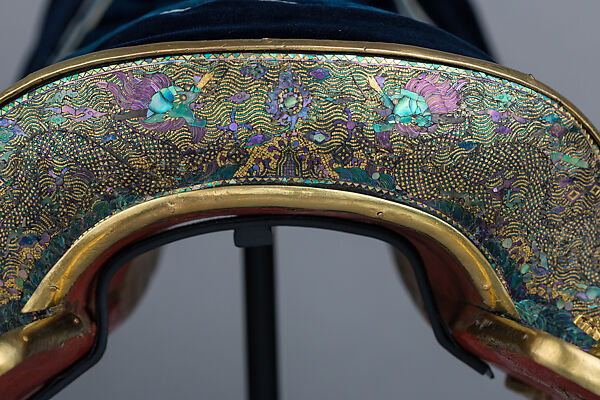 Ceremonial Saddle, Lacquer, abalone shell, gold foil, copper alloy, wood, iron, tin, leather, textile (silk), Chinese