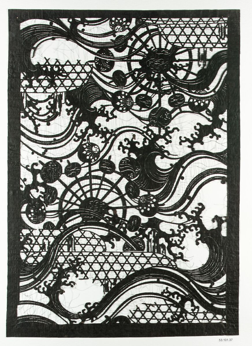 Stencil with Pattern of Flowing Water, Waterwheels and Embankment Baskets, Paper reinforced with silk, Japan 