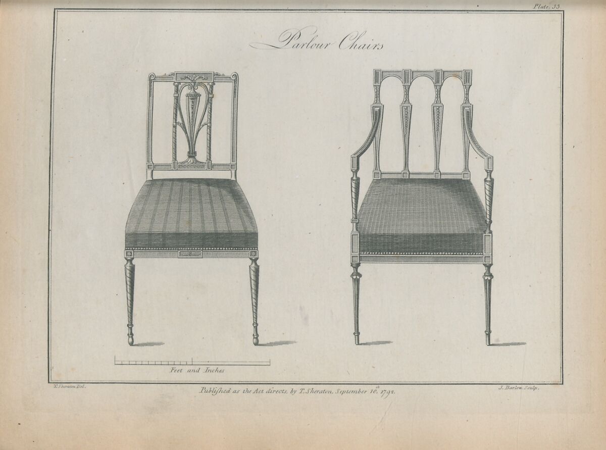 The cabinet-maker and upholsterer's drawing-book, in three parts, Thomas Sheraton (British, Stockton-on-Tees 1751–1806 London). A drawing of two different chairs in the Sheraton Style.