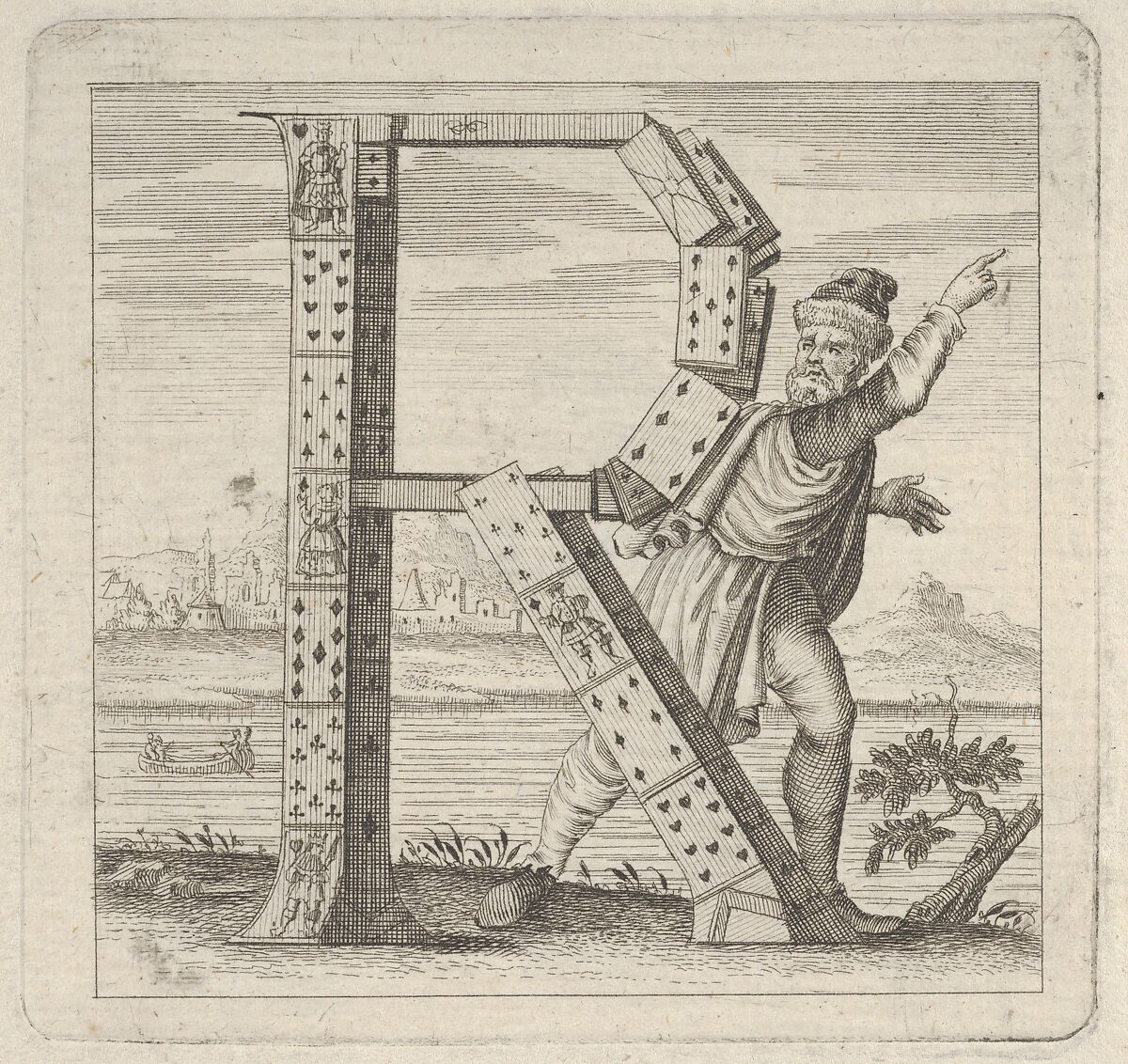 The letter R, constructed from a court pack of playing cards, stands on a riva (river bank), Anonymous, Italian, 18th century, Etching 