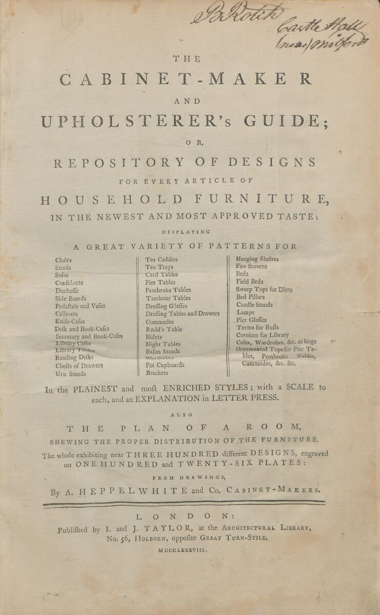 The cabinet-maker and upholsterer's guide, or, Repository of designs for every article of household furniture, in the newest and most approved taste : displaying a great variety of patterns for chairs, stools ... in the plainest and most enriched styles : with a scale to each, and an explanation in letter press : also the plan of a room, shewing the proper distribution of the furniture ... from drawings, A. Hepplewhite &amp; Co. (British, 18th century) 