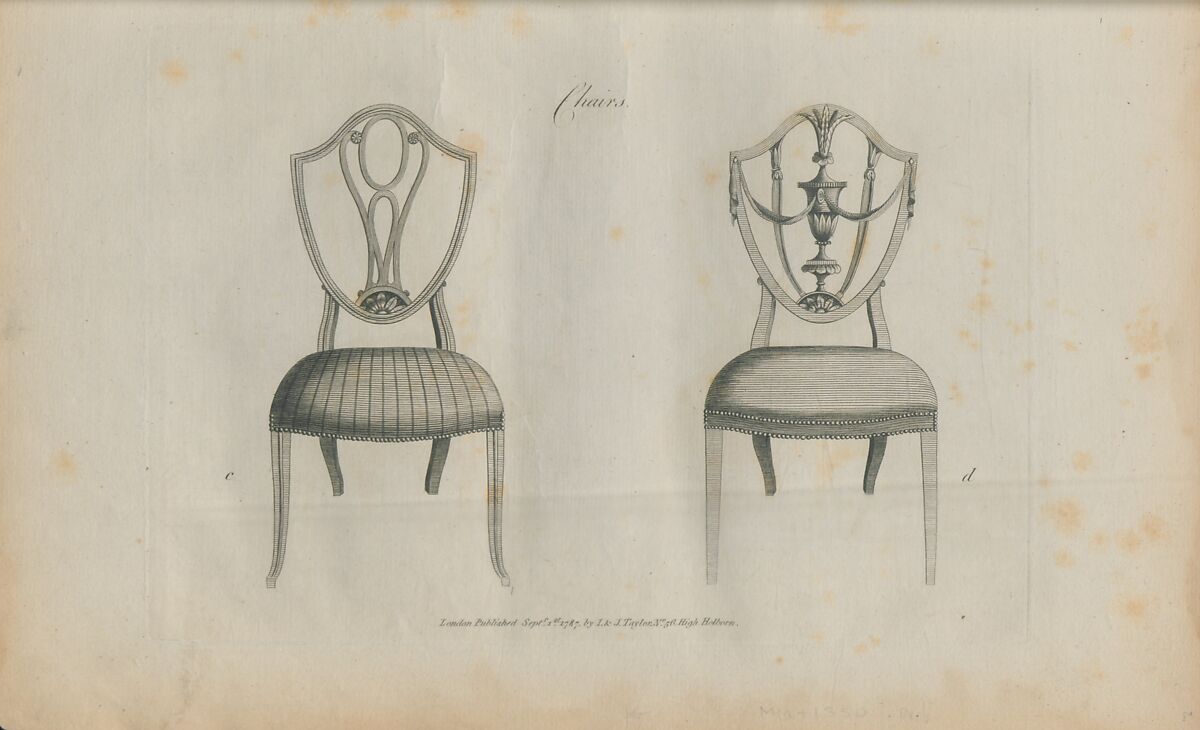 The cabinet-maker and upholsterer's guide, or, Repository of designs for every article of household furniture, in the newest and most approved taste : displaying a great variety of patterns for chairs, stools ... in the plainest and most enriched styles : with a scale to each, and an explanation in letter press : also the plan of a room, shewing the proper distribution of the furniture ... from drawings, A. Hepplewhite &amp; Co. (British, 18th century)
