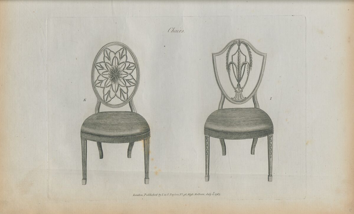 The cabinet-maker and upholsterer's guide, or, Repository of designs for every article of household furniture, in the newest and most approved taste : displaying a great variety of patterns for chairs, stools ... in the plainest and most enriched styles : with a scale to each, and an explanation in letter press : also the plan of a room, shewing the proper distribution of the furniture ... from drawings, A. Hepplewhite &amp; Co. (British, 18th century)