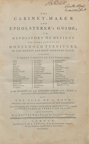 The cabinet-maker and upholsterer's guide, or, Repository of designs for every article of household furniture, in the newest and most approved taste : displaying a great variety of patterns for chairs, stools ... in the plainest and most enriched styles : with a scale to each, and an explanation in letter press : also the plan of a room, shewing the proper distribution of the furniture ... from drawings