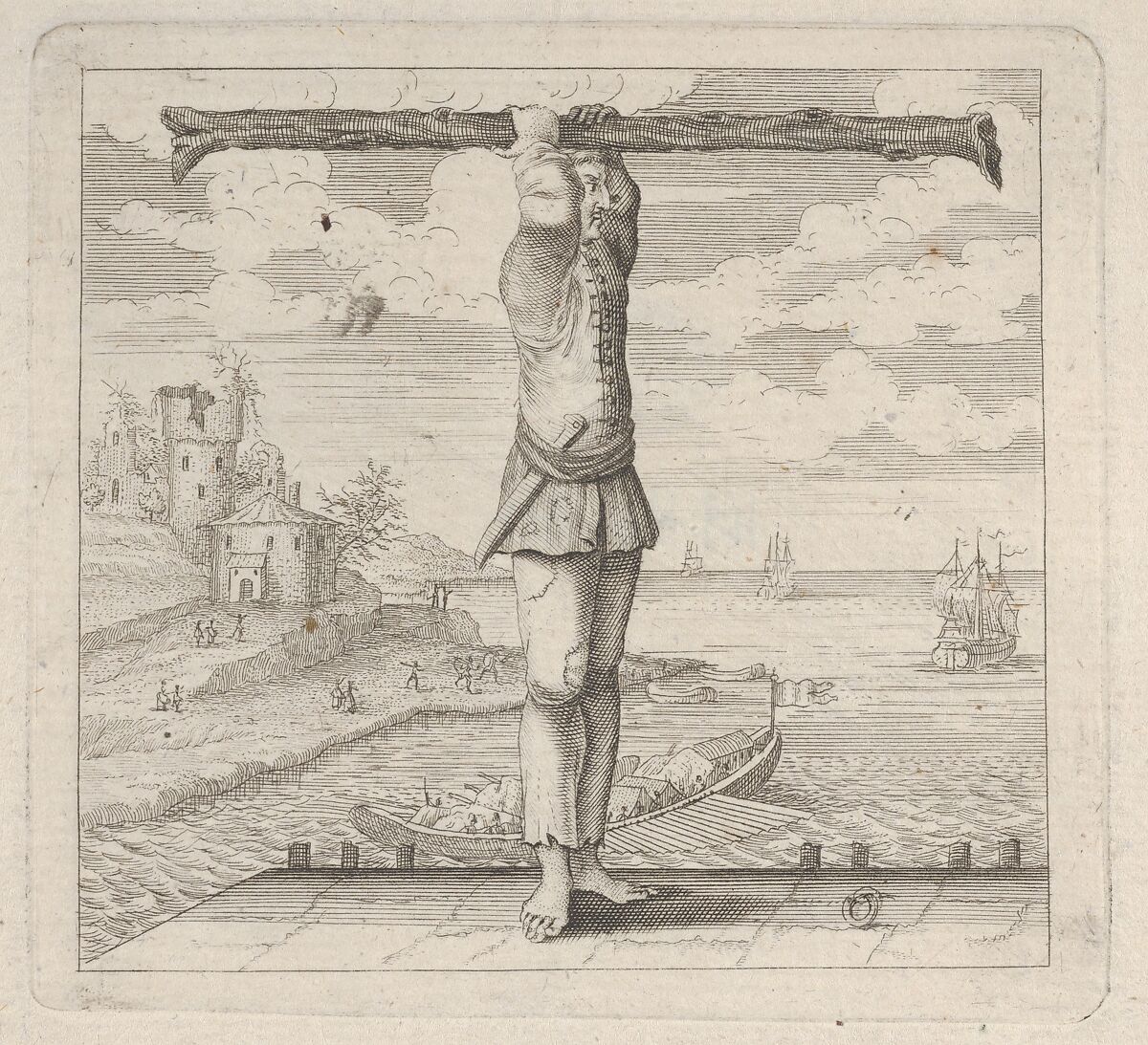The letter T standing on a pier holding a tree trunk, Anonymous, Italian, 18th century, Etching 