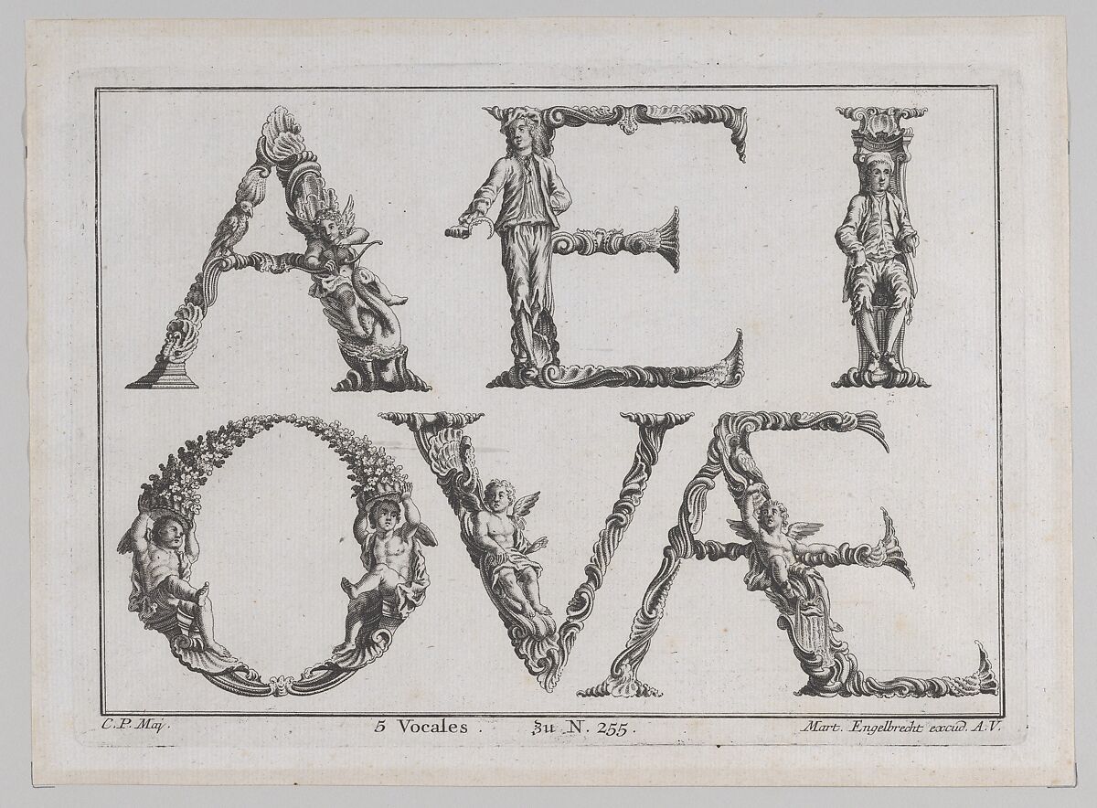 Alphabet Letters (5 Vowels), Martin Engelbrecht (German, Augsburg 1684–1756 Augsburg), Engraving 