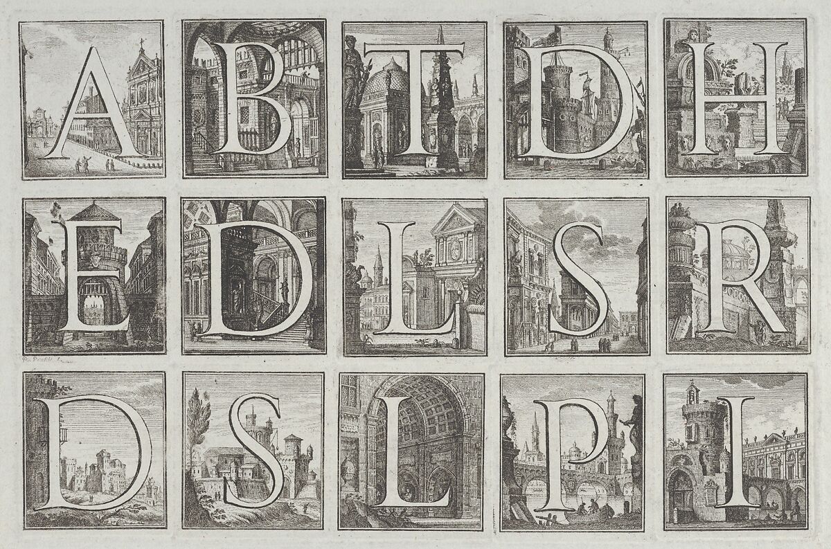 Roman alphabet against architectural backgrounds, from G. P. Zanotti's Il Claustro di San Michele in Bosco di Bologna, Pio Panfili (Italian, Fermo 1723–1812 Bologna), Etchings on pale green paper 