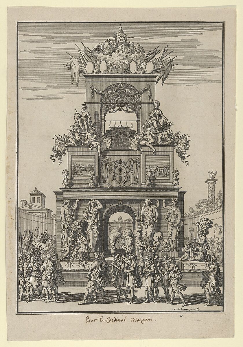 Triumphal arch erected in honor of Cardinal Mazarin after the Treaty of the Pyrenees, François Chauveau (French, Paris 1613–1676 Paris), Etching 