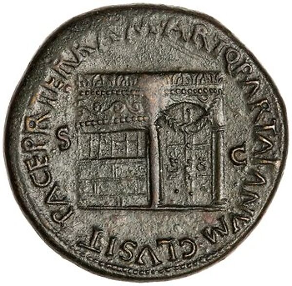 Sestertius of Nero, showing the Temple of Janus Quirinus, Bronze, Roman 