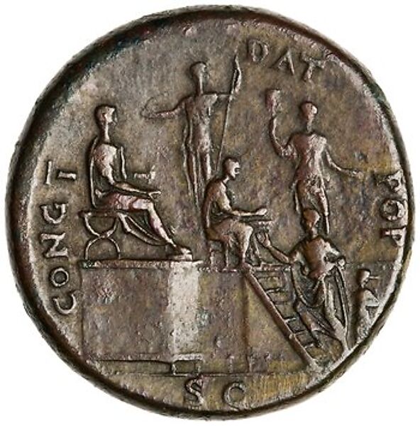 Sestertius of Nero, showing the emperor giving money to the Romans, Bronze, Roman
 