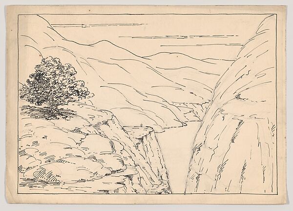 A River Landscape with Steep Cliffs, Herbert E. Crowley (British, Eltham, Kent 1873–1937 Ascona, Switzerland), Pen and ink over graphite 