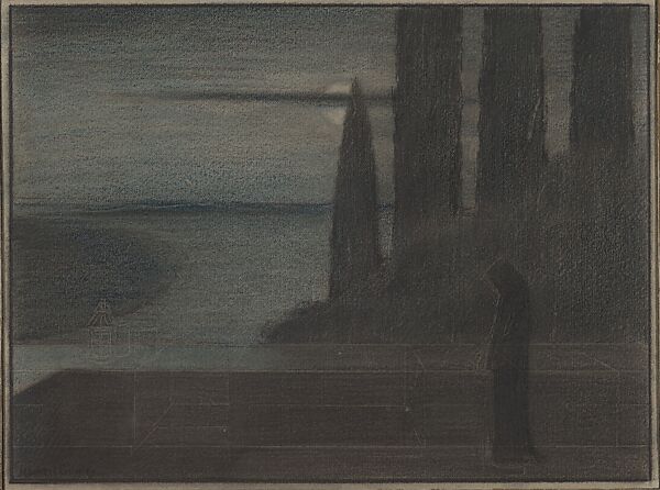 A Hooded Figure in a Landscape, Herbert E. Crowley (British, Eltham, Kent 1873–1937 Ascona, Switzerland), Colored chalks over graphite 