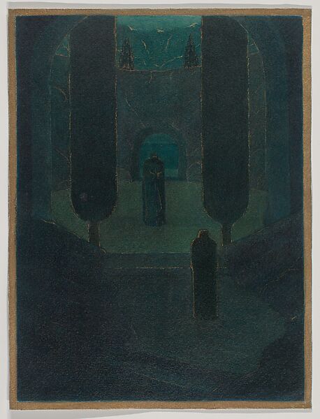 Cloaked Figures in a Dark Garden, Herbert E. Crowley (British, Eltham, Kent 1873–1937 Ascona, Switzerland), Watercolor, pen and ink, with touches of gold, glazed with gum 