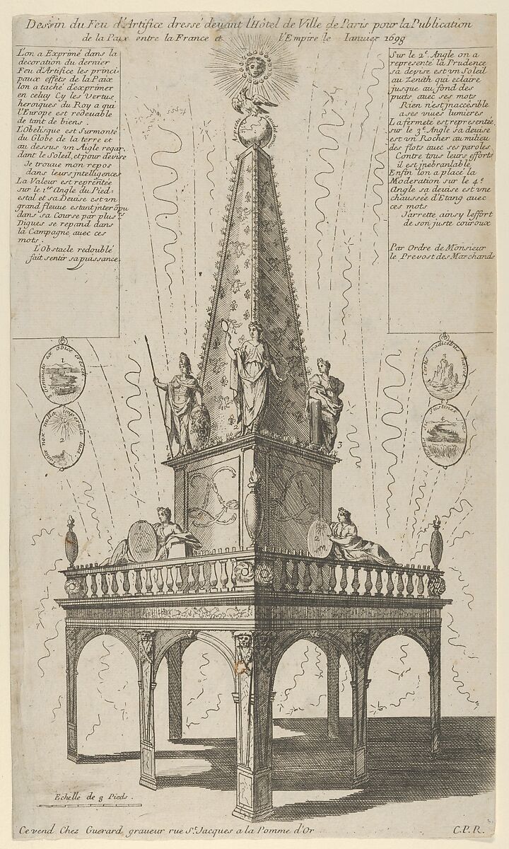 Fireworks celebrating the peace between France and the Empire, January 1698, Anonymous, French, 17th century, Etching 