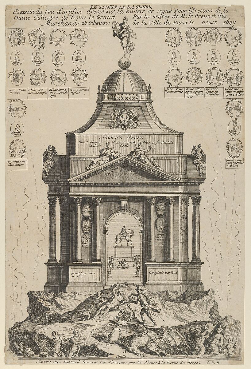 Fireworks celebrating the erection of the Temple of Glory and equestrian statue of Louis le Grand, Paris 1699, Anonymous, French, 17th century, Etching 