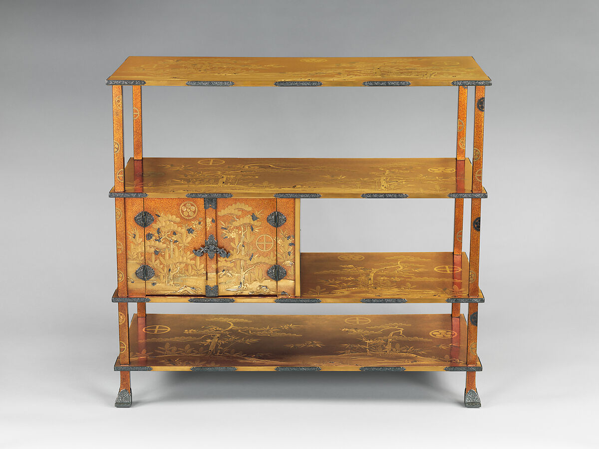 Shelf for Cosmetic Boxes (Kuro-dana) with Pine, Bamboo, Cherry