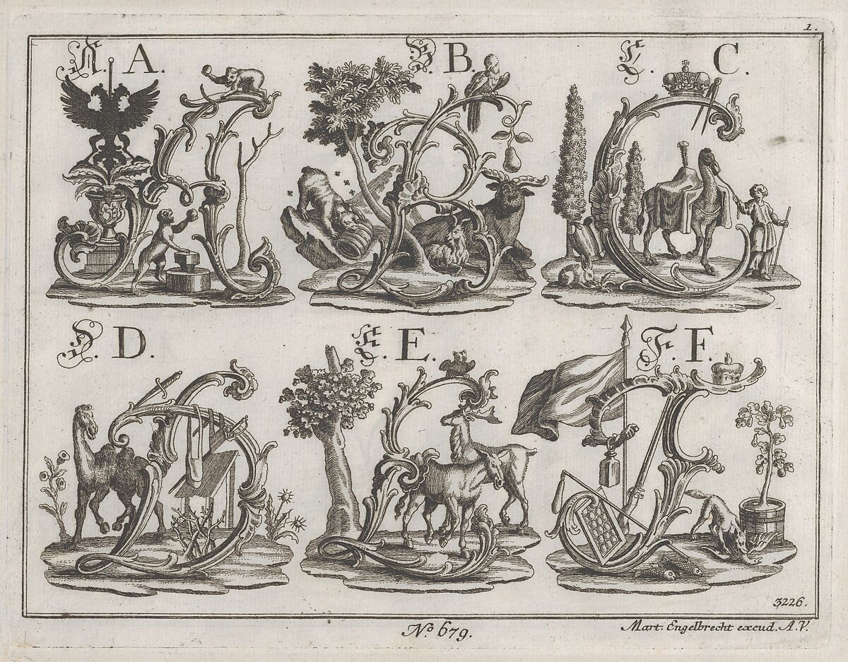 Decorated Roman alphabet, Martin Engelbrecht (German, Augsburg 1684–1756 Augsburg), Engraving 