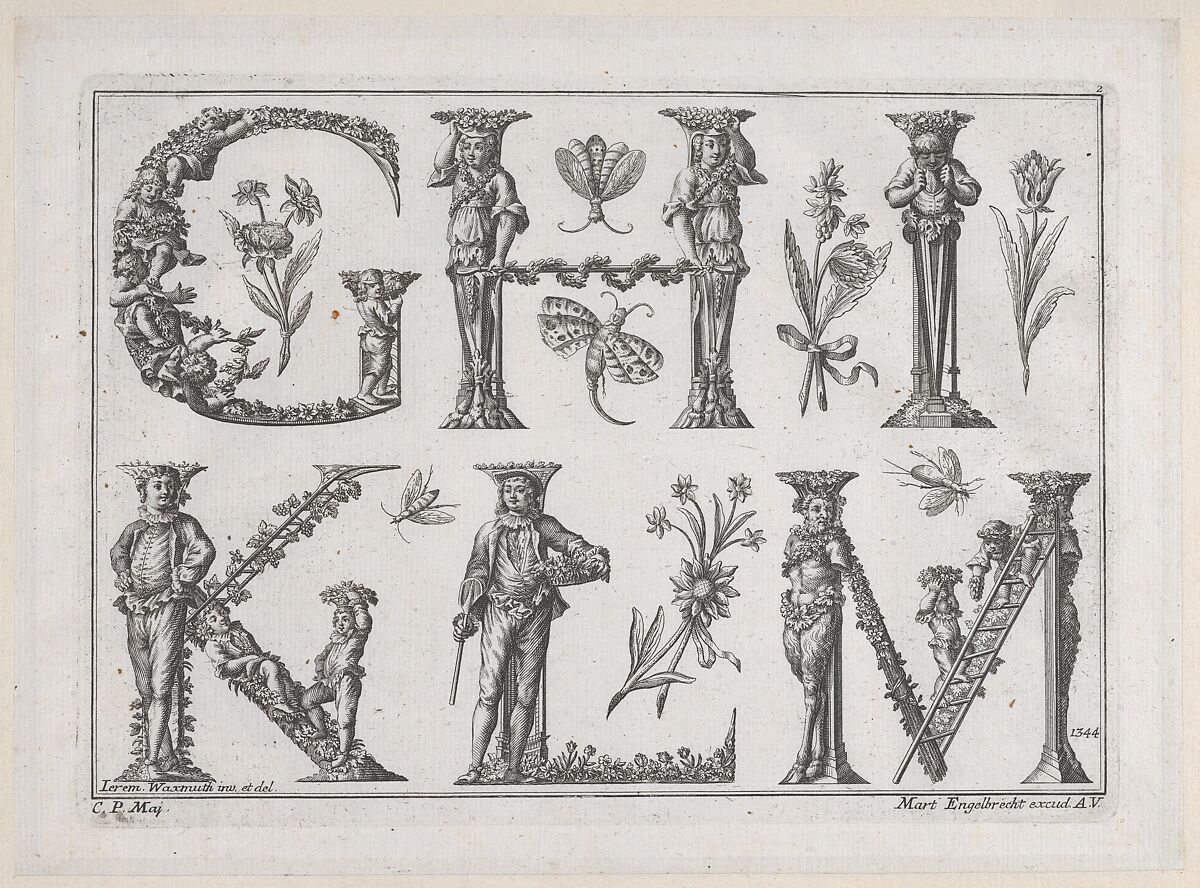 Decorated Roman alphabet, Jeremias Wachsmuth (German, 1712–1771), Engraving 