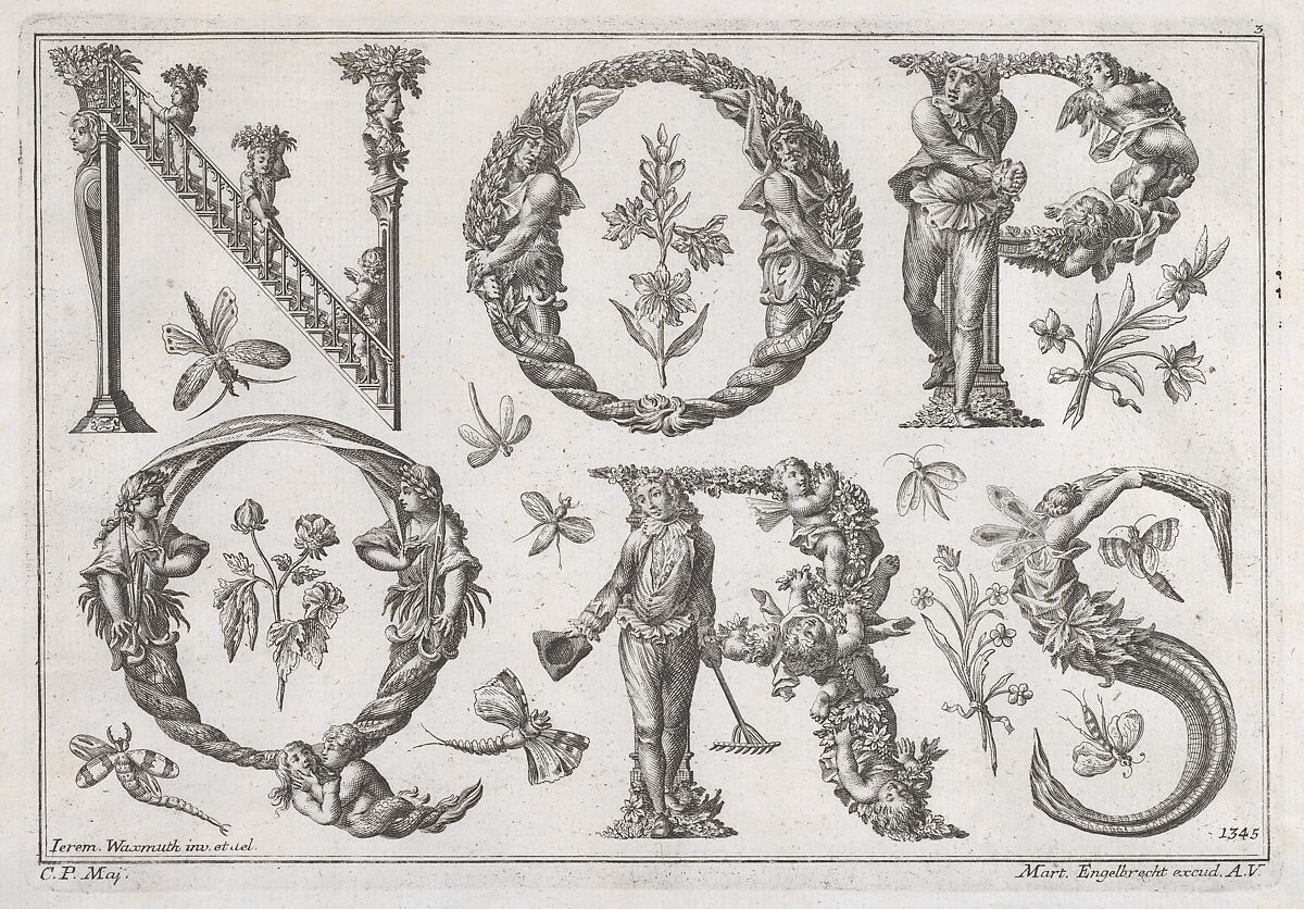 Decorated Roman alphabet, Jeremias Wachsmuth (German, 1712–1771), Engraving 