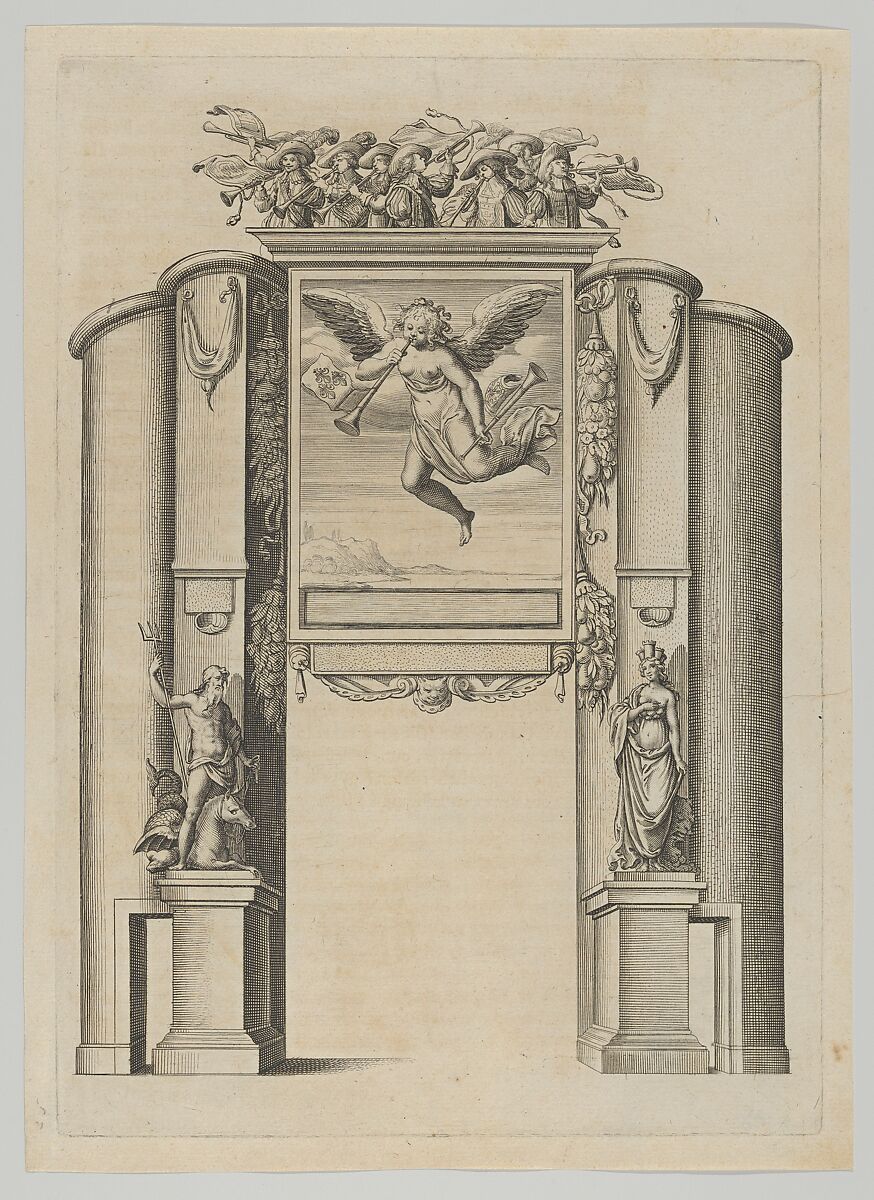 Triumphal arch, from 'Éloges et discours sur la triomphante réception du Roy en sa ville de Paris ...' by Jean-Baptiste de Machault, Melchior Tavernier (French (born Flanders), Antwerp 1564–1641 Paris), Etching 