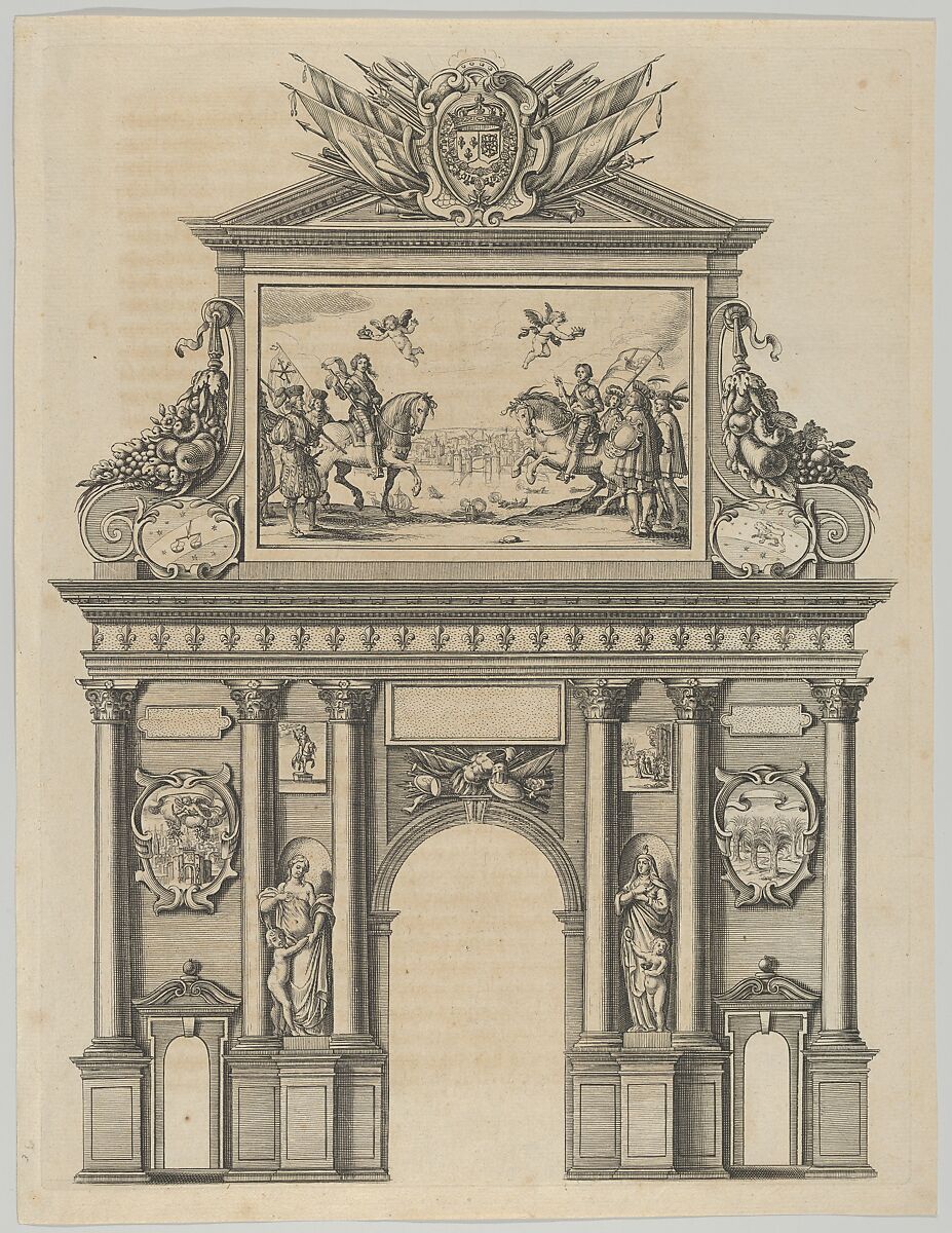 Triumphal arch, from 'Éloges et discours sur la triomphante réception du Roy en sa ville de Paris ...' by Jean-Baptiste de Machault, Melchior Tavernier (French (born Flanders), Antwerp 1564–1641 Paris), Etching 