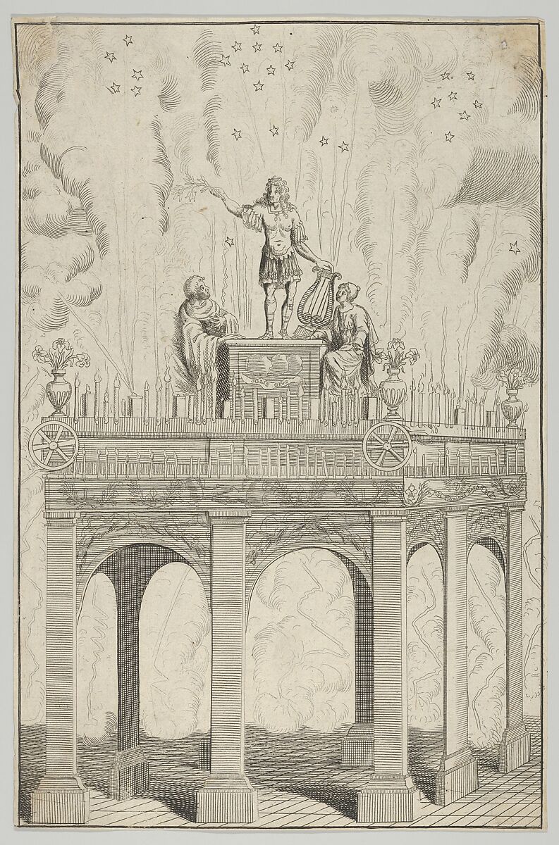 Triumphal arch with sculpture of Louis XIV as Apollo and fireworks in the background, Anonymous, French, 17th century, Etching 