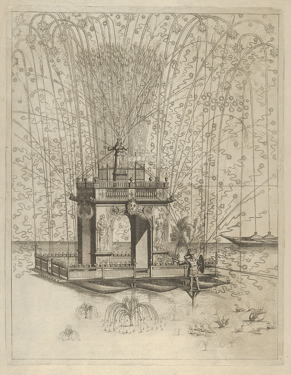 Fireworks display with triumphal arch supported by three pontoons on the water, decorated with symbols of Louis XIV, Anonymous, French, 17th century, Etching 