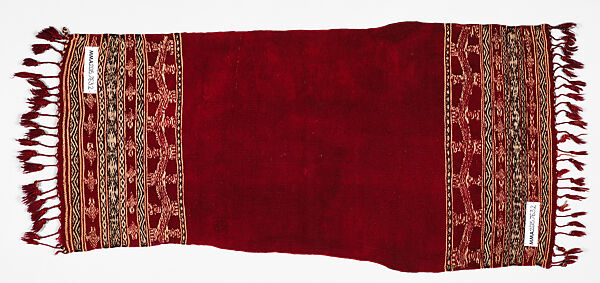 Bakhnug Shawl, Loom-woven plain weave cloth in wool with find geometric pattern brocaded possibly in cotton; finished with warp-twisted fringes.