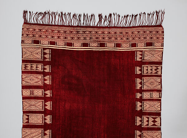 Ajar (Veil) or Bakhnug (Shawl), Loom-woven plain weave cloth in wool brocaded with fine geometric pattern; finished with warp-twisted fringes