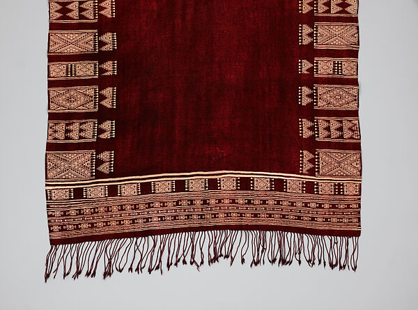 Ajar (Veil) or Bakhnug (Shawl), Loom-woven plain weave cloth in wool brocaded with fine geometric pattern; finished with warp-twisted fringes