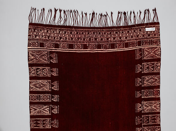 Ajar (Veil) or Bakhnug (Shawl), Loom-woven plain weave cloth in wool brocaded with fine geometric pattern; finished with warp-twisted fringes