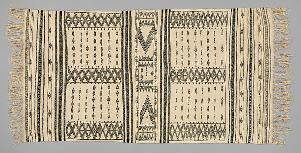 Bakhnug Shawl, Loom-woven plain weave cloth in wool with fine geometric pattern brocaded possibly in cotton; finished with warp-twisted fringes