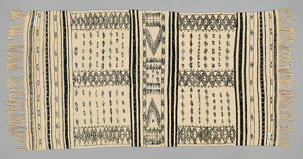 Bakhnug Shawl, Loom-woven plain weave cloth in wool with fine geometric pattern brocaded possibly in cotton; finished with warp-twisted fringes