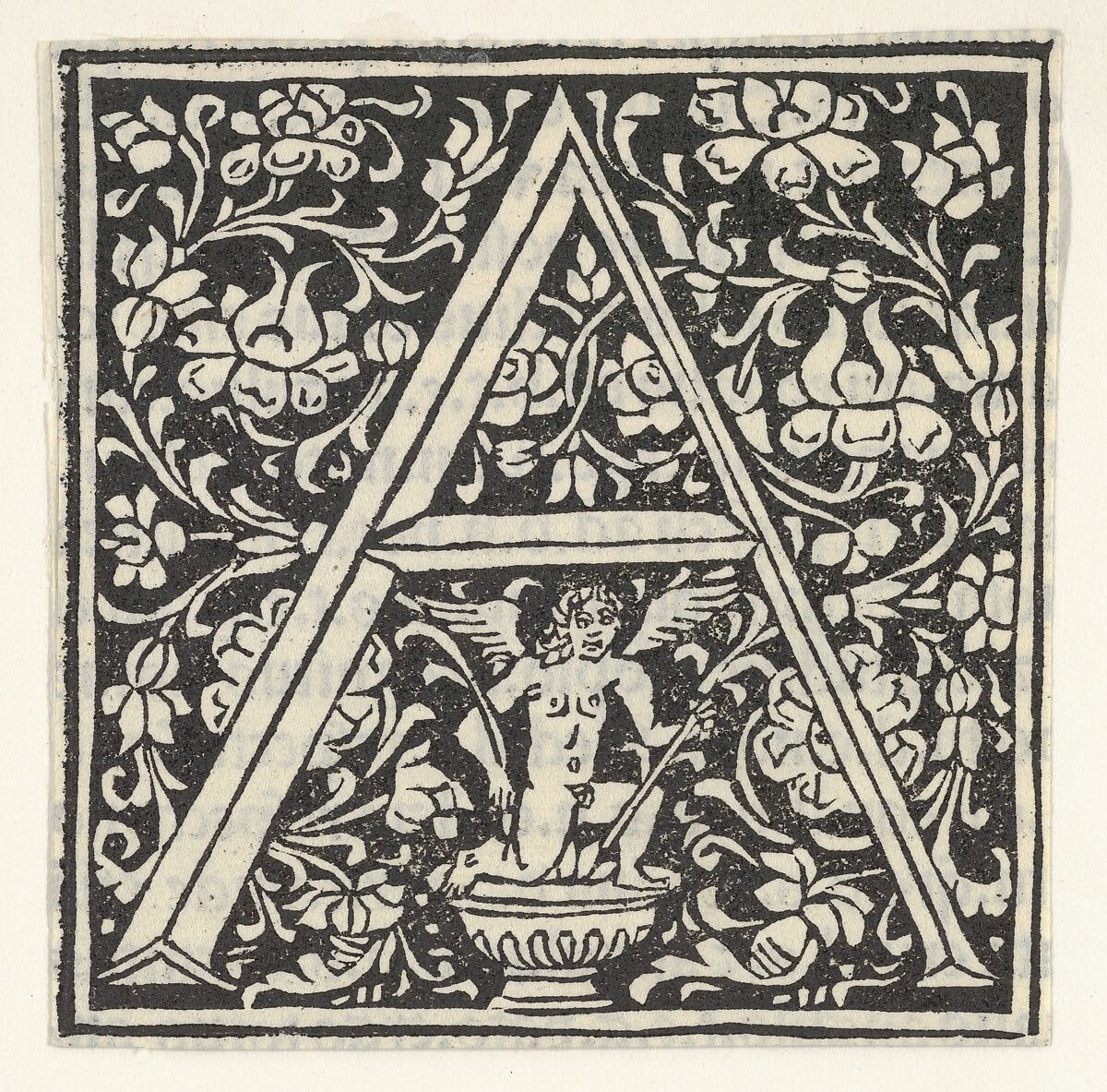 Initial letter A with putto, Anonymous, Italian, 15th century, Woodcut 