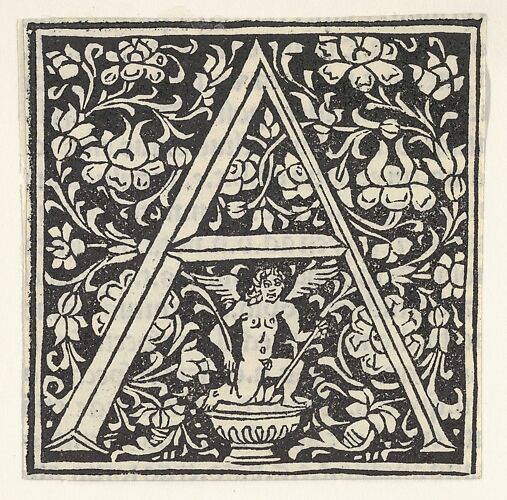 Initial letter A with putto